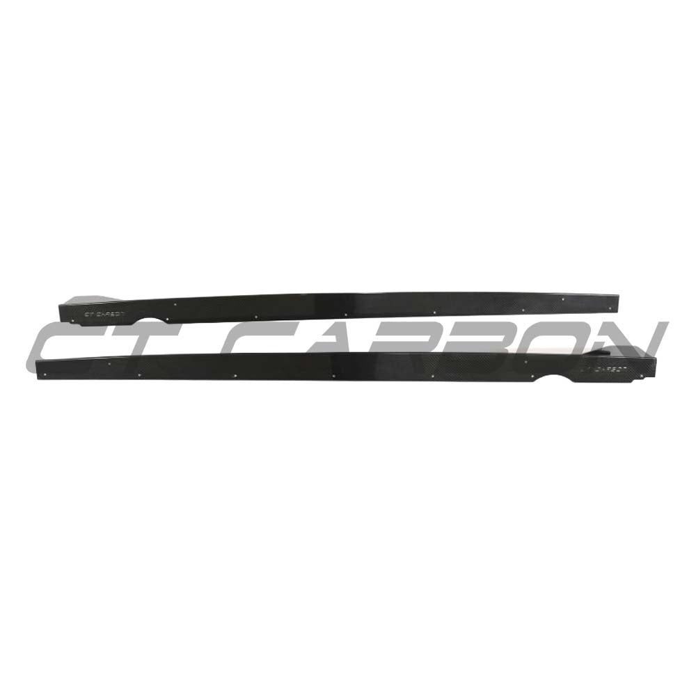 VW Golf MK8/MK8.5 R side skirts in black carbon fibre by CT Design, showcasing sleek, aerodynamic car body enhancements.