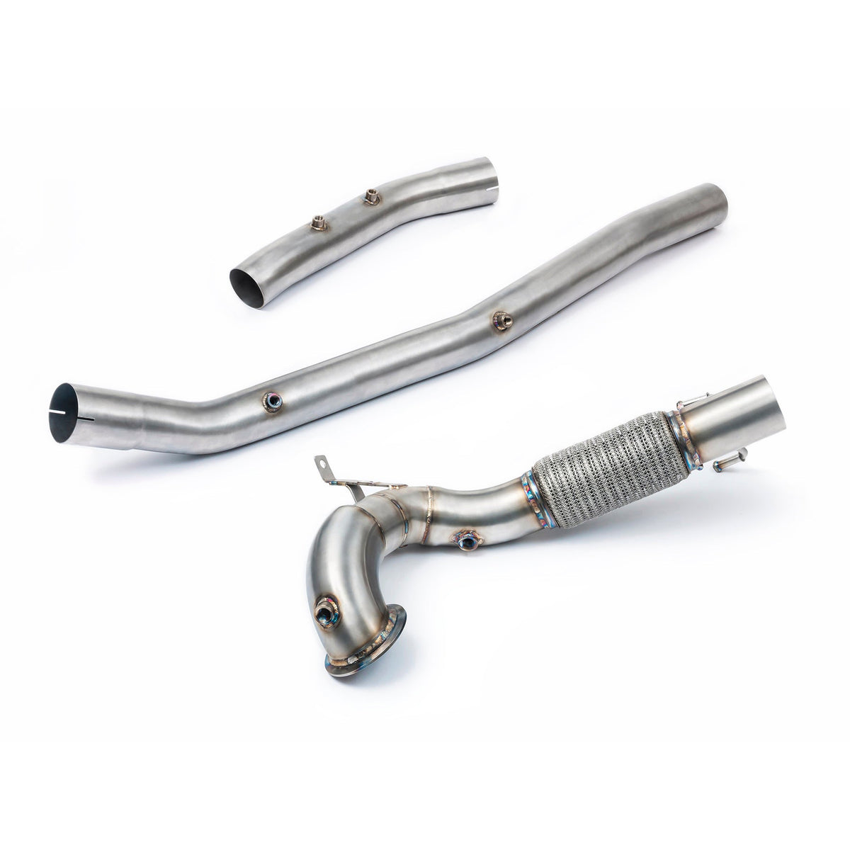 Cobra Sport VW Golf GTI Mk8 2.0 TSI front downpipe with sports cat and de-cat exhaust for improved performance.