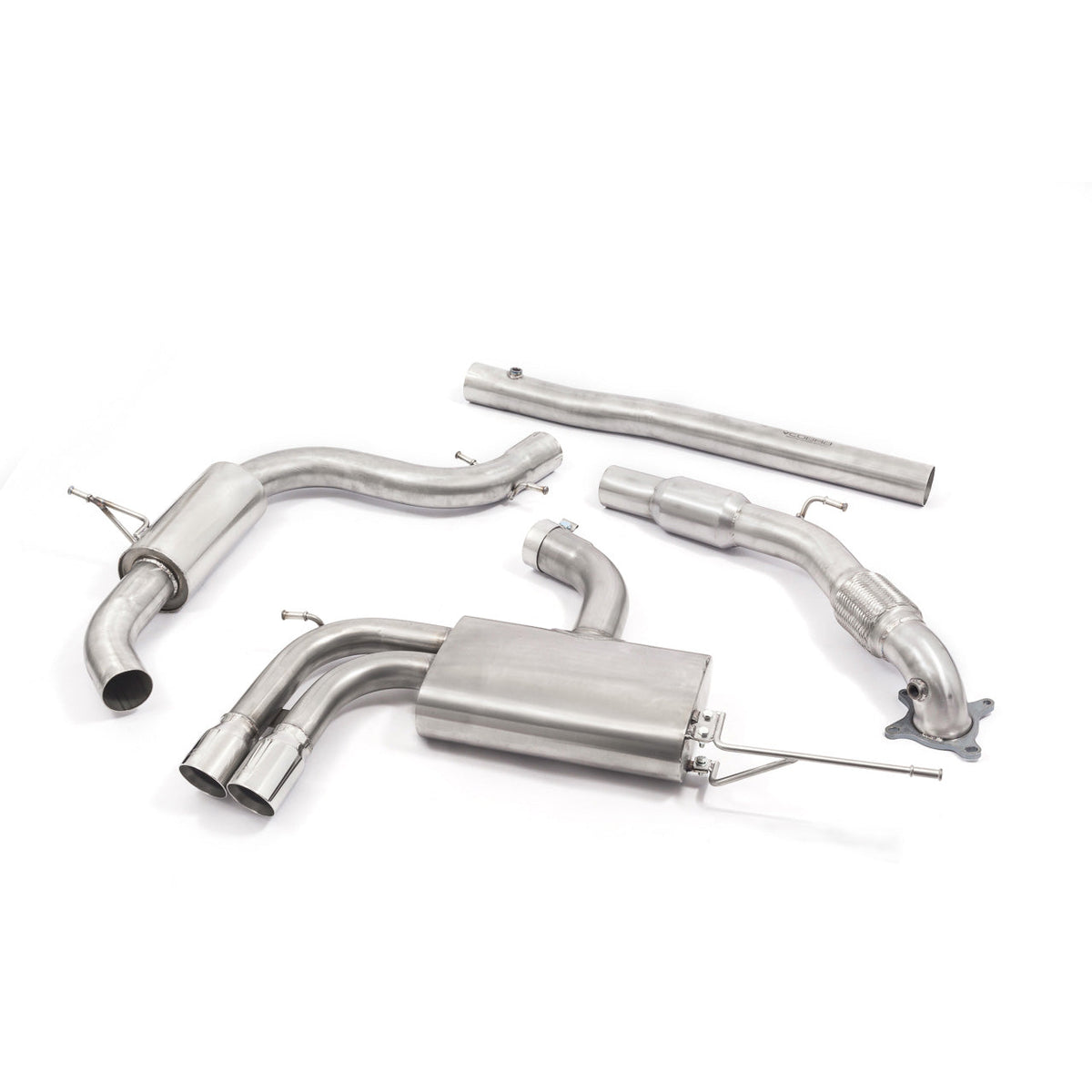 Cobra Sport VW Golf GTI Mk5 2.0 T FSI turbo back cat back performance exhaust system, showing polished metal pipes and muffler.