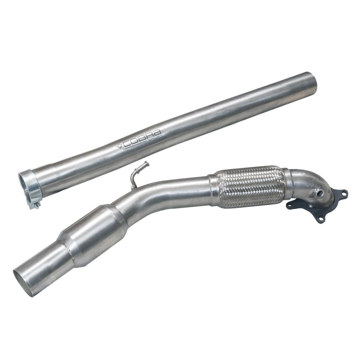 Cobra Sport VW Golf GTI Mk5 2.0 T FSI sports cat front downpipe for performance exhaust system, shown in the image.