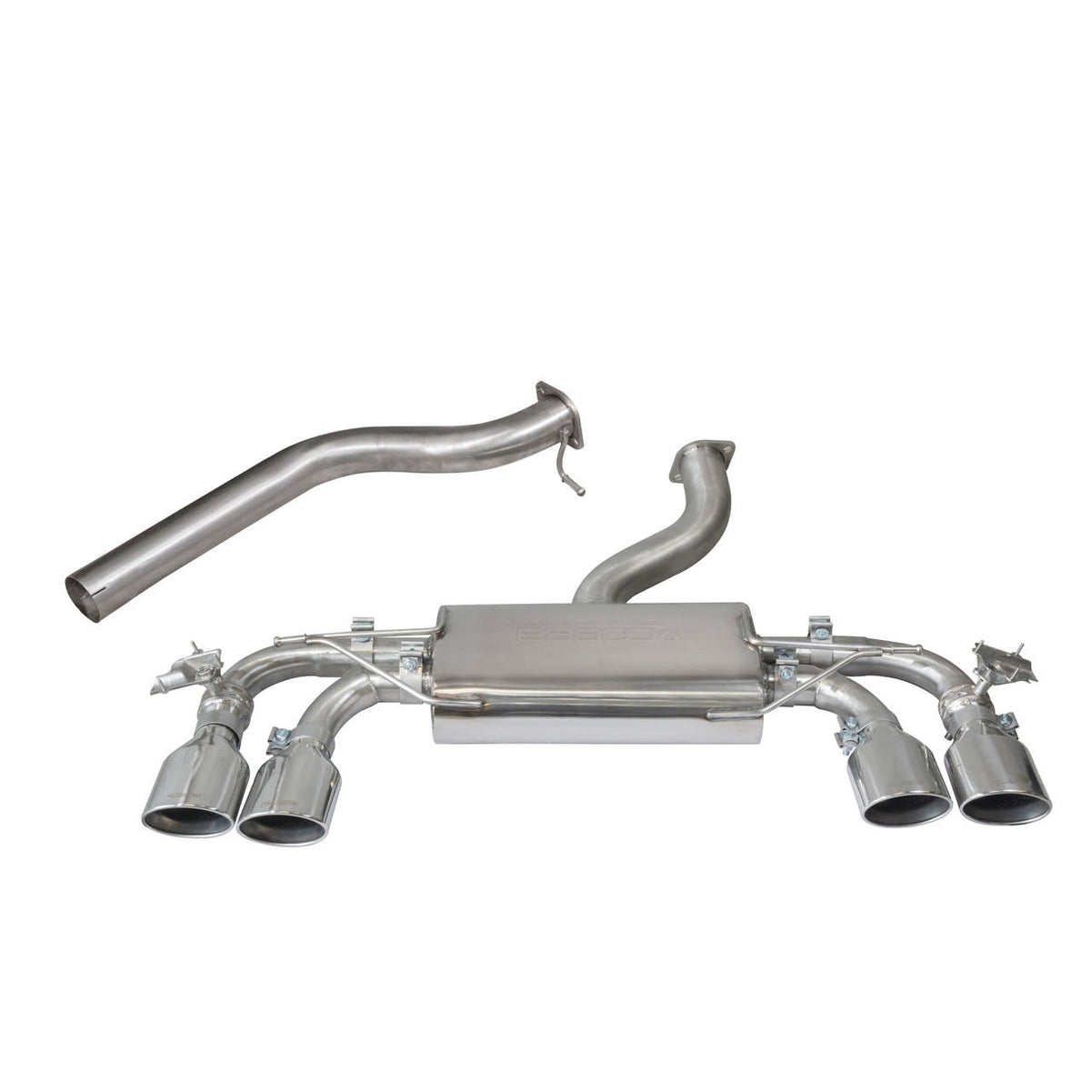Cobra Sport VW Golf R MK7 2.0 TSI cat back performance exhaust with polished tips and dual exit design.