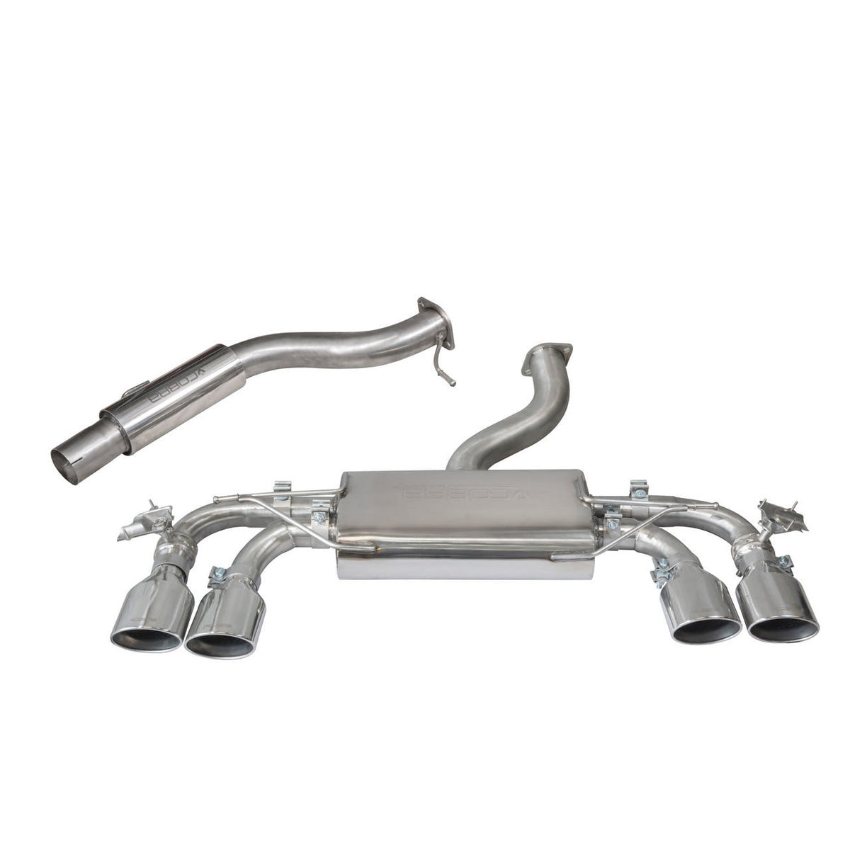 Cobra Sport VW Golf R Mk7 2.0 TSI cat back performance exhaust with resonated valvetronic design, mounted on a black car.