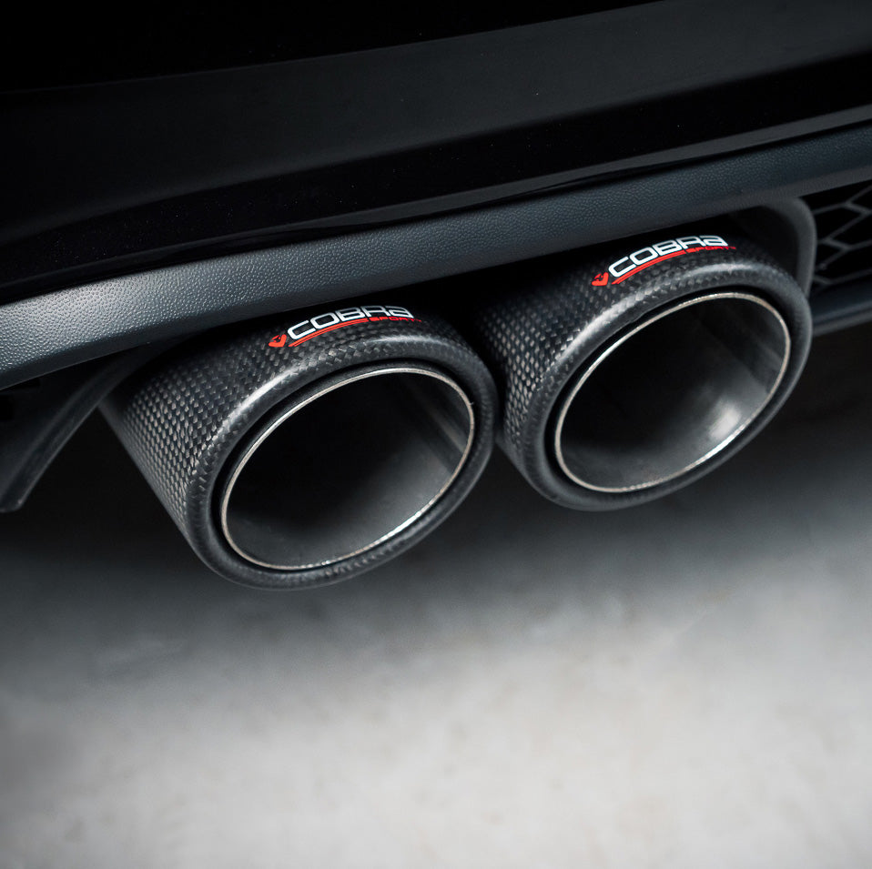 Cobra Sport turbo back exhaust installed on VW Polo GTI AW Mk6 2.0 TSI, showcasing the polished stainless steel exhaust system.
