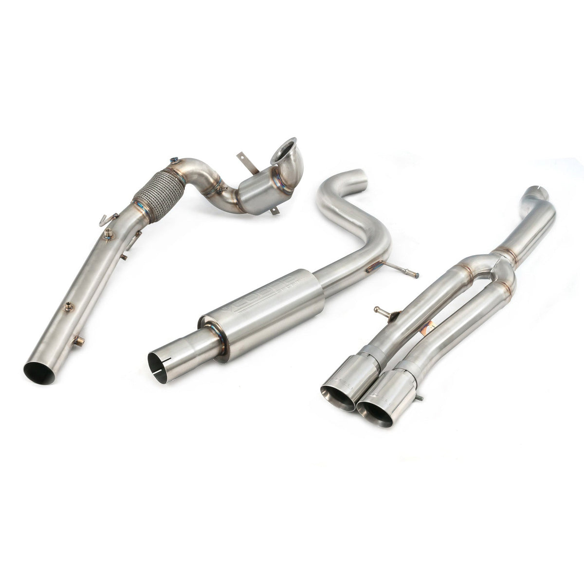 Cobra Sport VW Polo GTI Mk6 2.0 TSI Venom turbo back performance exhaust with twin tips, installed on a black VW Polo GTI.
