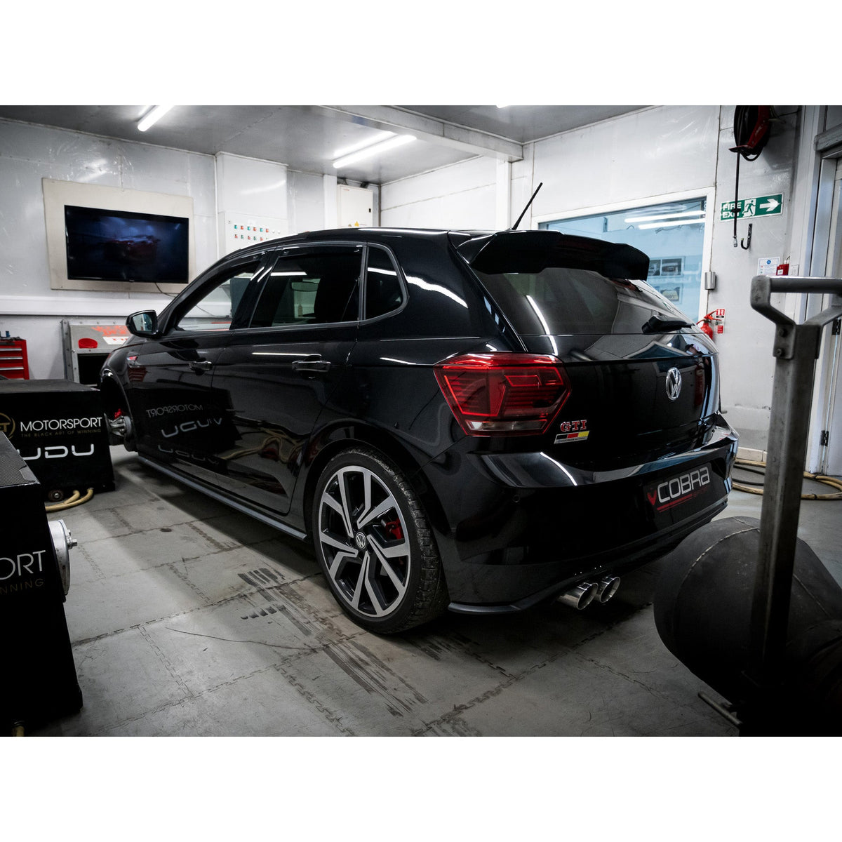 Cobra Sport VW Polo GTI Mk6 2.0 TSI Venom turbo back performance exhaust, front pipe with testing setup visible.