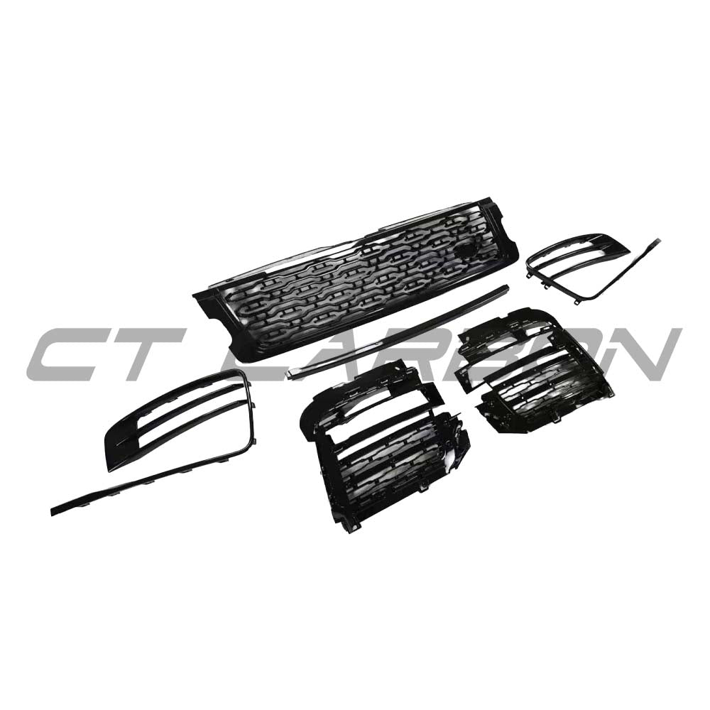 CT Carbon Range Rover Vogue L405 SVA-Style grille kit for 2018+ displayed on vehicle with close-up of grille components