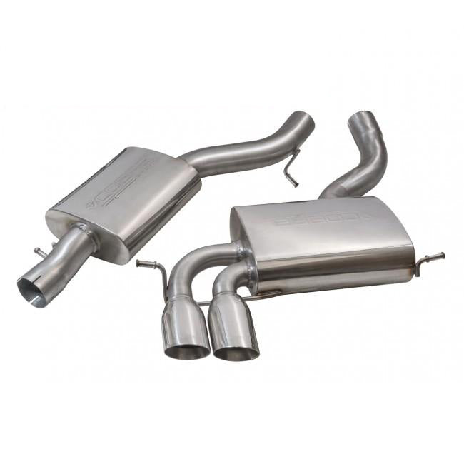 Cobra Sport Audi A3 8P 2.0 TFSI Quattro cat back performance exhaust system installed on a three-door hatchback.