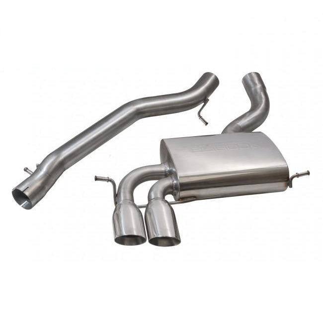 Cobra Sport Audi A3 8P 2.0 TFSI Quattro cat back performance exhaust system with polished stainless steel pipes and dual tailpipes.