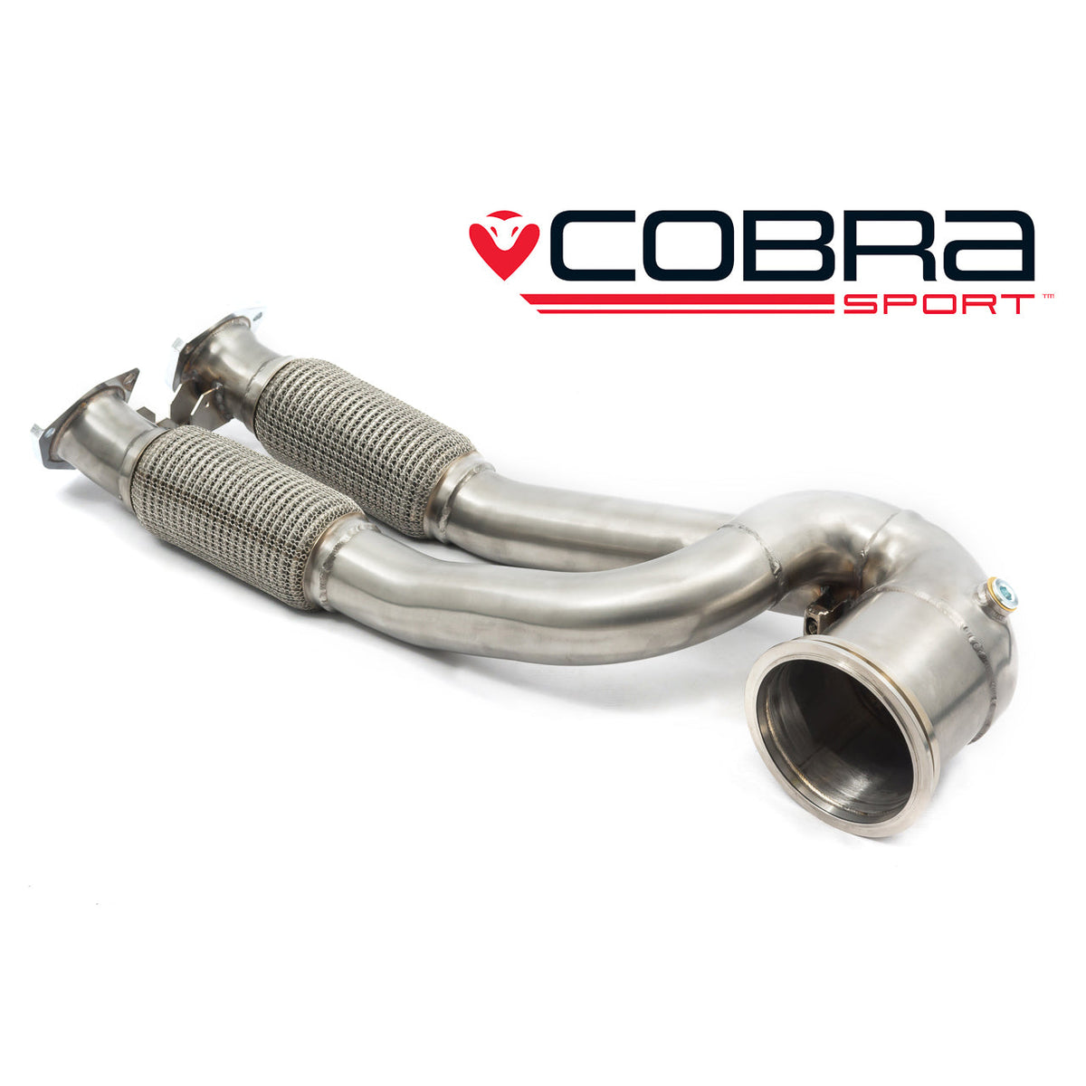 Cobra Sport Audi RS3 8V primary de-cat downpipe showing polished metal construction and flange connection