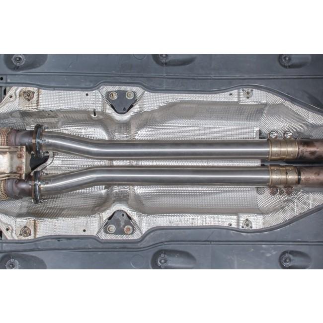 Cobra Sport Audi RS3 8V Sportback secondary de-cat bypass performance exhaust center section, with polished metal finish.
