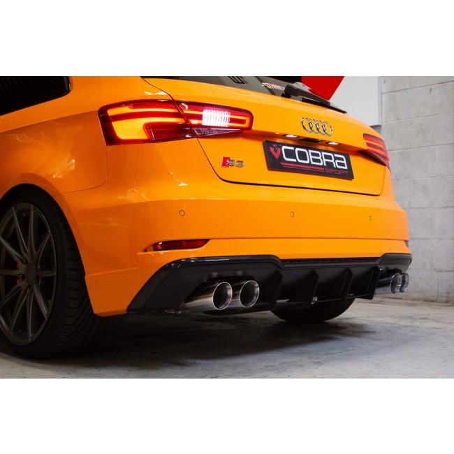 Cobra Sport cat back performance exhaust for Audi S3 8V 3-door valved model, showing the polished metal tailpipes and exhaust system.