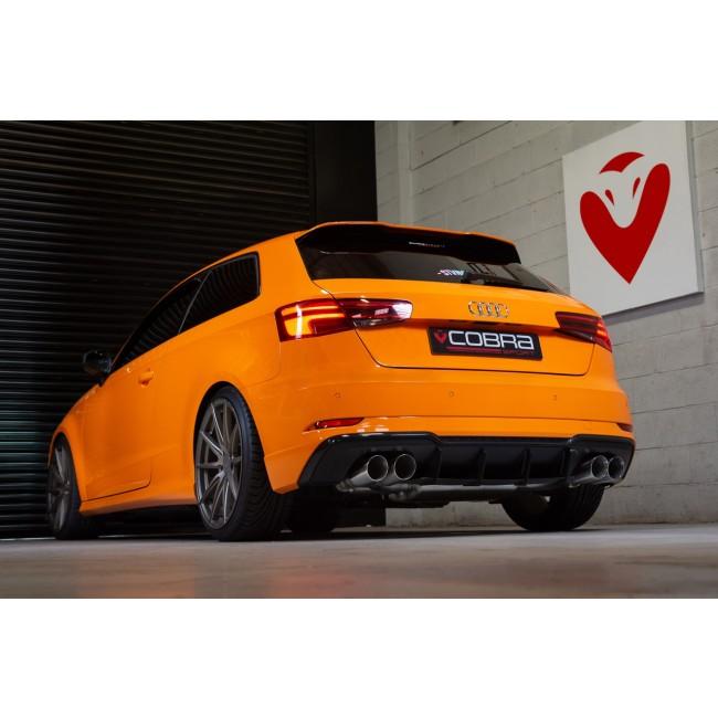 Cobra Sport Audi S3 8V 3-door valved cat back performance exhaust system, showing the polished stainless steel muffler and piping.