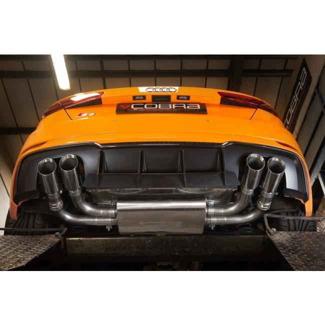 Cobra Sport cat back performance exhaust for Audi S3 8V 3-door valved model, showing the exhaust system installed on the car.