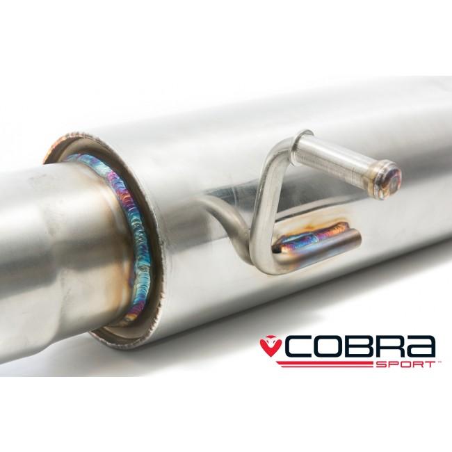 Cobra Sport cat back performance exhaust for Audi S3 8V 3-door with valved system, mounted on a silver Audi S3 8V.