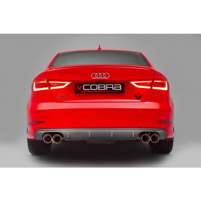 Cobra Sport Audi S3 8V saloon cat back performance exhaust with valves, shown from the rear highlighting the exhaust tips.