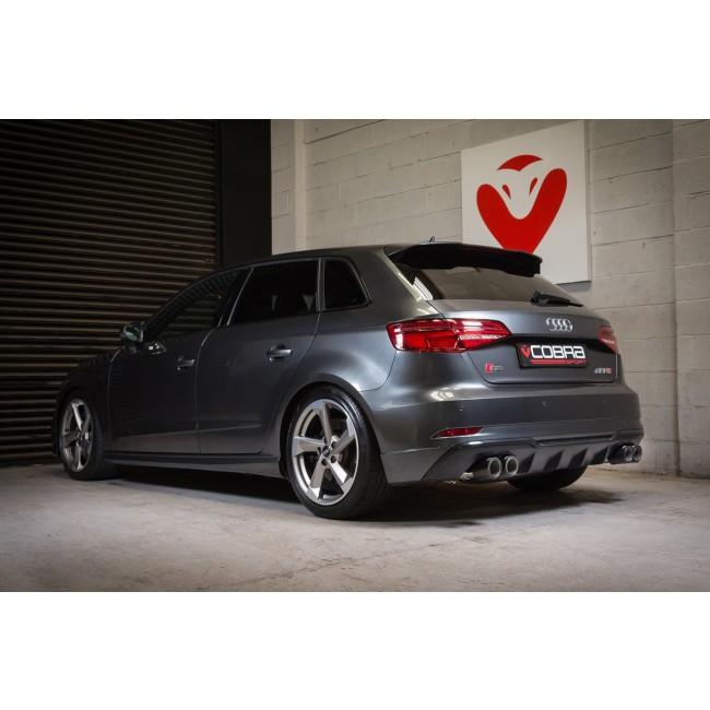 Cobra Sport cat back performance exhaust for Audi S3 8V Sportback, valved, 2013-2018, showing polished metal exhaust tips and piping.