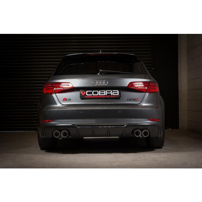 Cobra Sport cat back exhaust for Audi S3 8V Sportback, valved performance exhaust system with dual tips and polished finish.