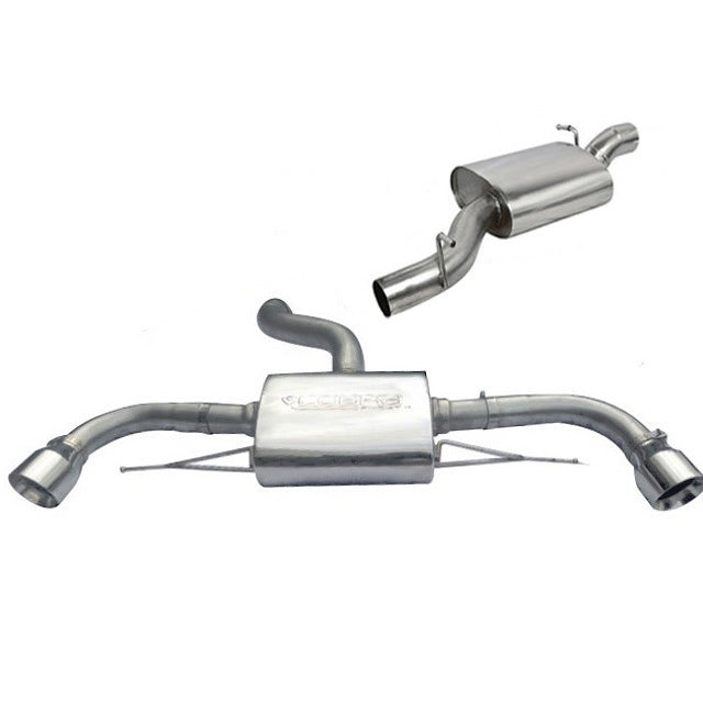 Cobra Sport cat back exhaust system installed on Audi TT Mk2 3.2 V6 coupe, showcasing polished exhaust pipes and muffler.