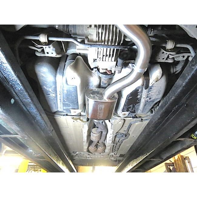 Cobra Sport Audi TT Mk2 3.2 V6 coupe cat back performance exhaust system installed, showcasing polished exhaust tips and piping.