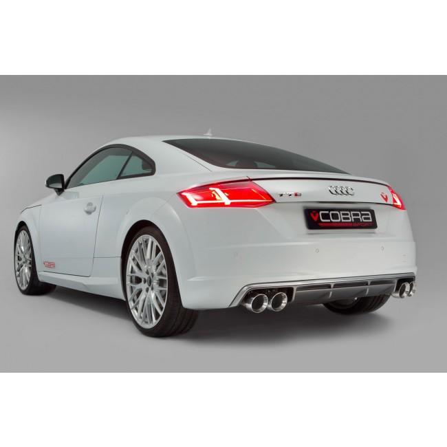 Cobra Sport Audi TTS Mk3 2.0 TFSI cat back performance exhaust system installed on the car's rear view.