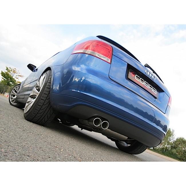 Cobra Sport turbo back performance exhaust installed on Audi A3 8P 2.0 TFSI 3-door coupe, showcasing sleek exhaust tips and pipework.