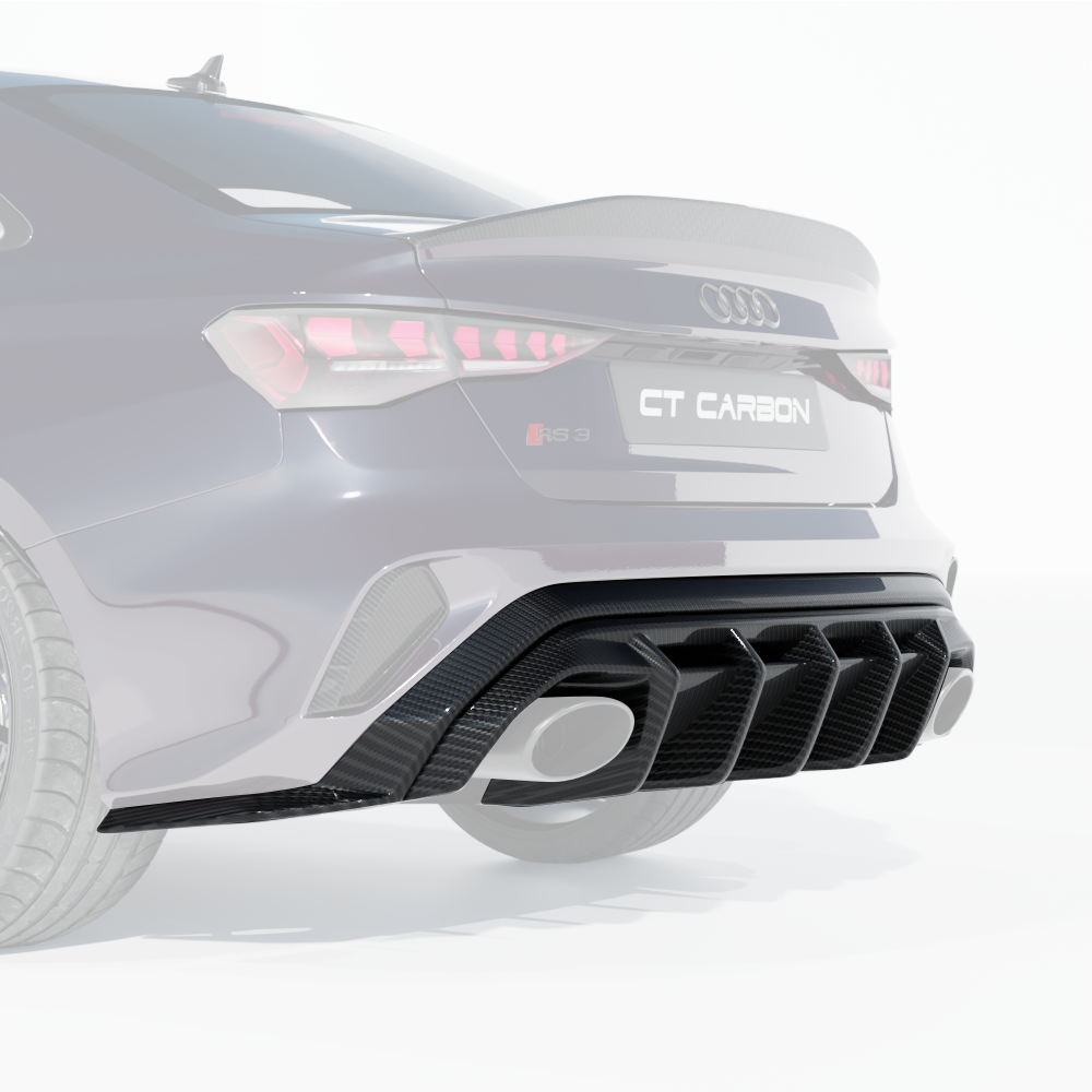 Audi RS3 8Y saloon carbon fibre diffuser by CT Design installed on the rear of the car, showcasing sleek carbon fibre details.