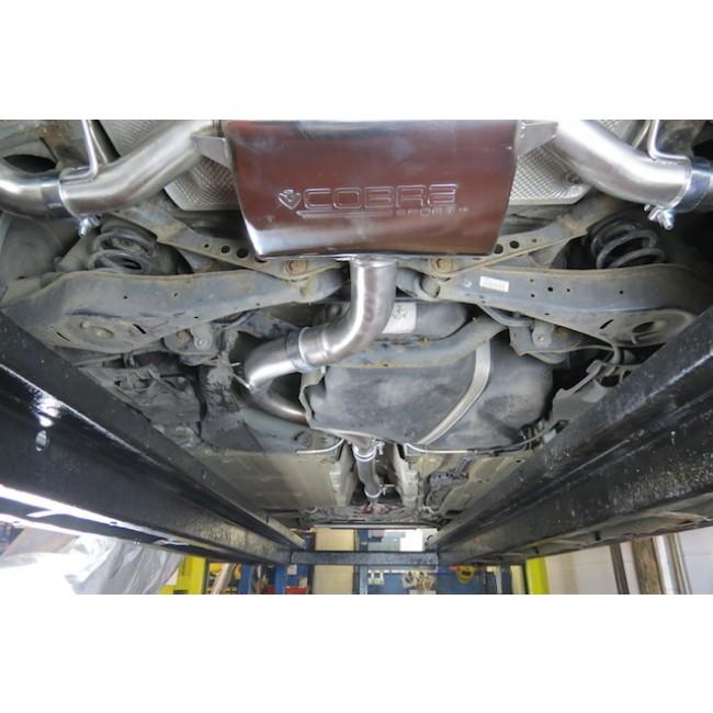Cobra Sport turbo back performance exhaust installed on a 2007-2011 Audi TT Mk2 1.8/2.0 TFSI, showing polished stainless steel pipes.
