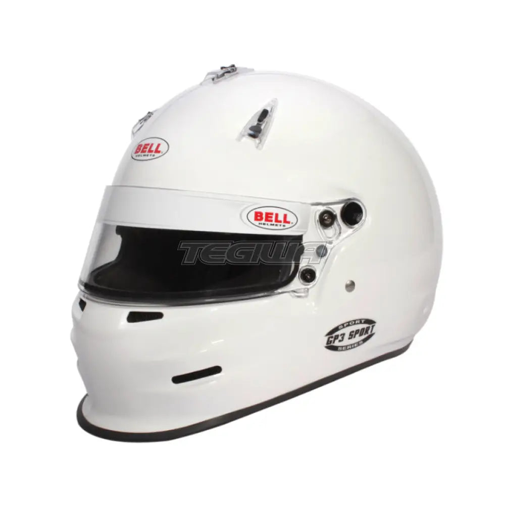 Bell Full Face GP3 Sport Helmet in white with FIA8859-2015 certification, showing sleek design and aerodynamic shape.