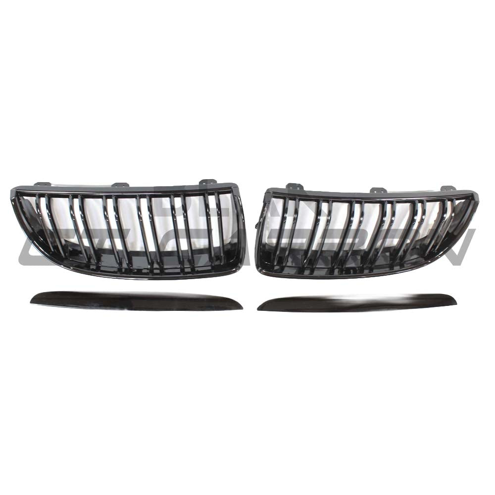 BMW E90 3 Series Pre-LCI double slat black grille by CT Carbon, close-up view of sleek black grille for sporty look.