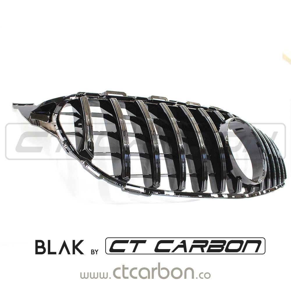 Black CT Carbon grille for Mercedes W205 C-Class 2014-2018, AMG GT Panamericana style, without camera, detailed close-up.