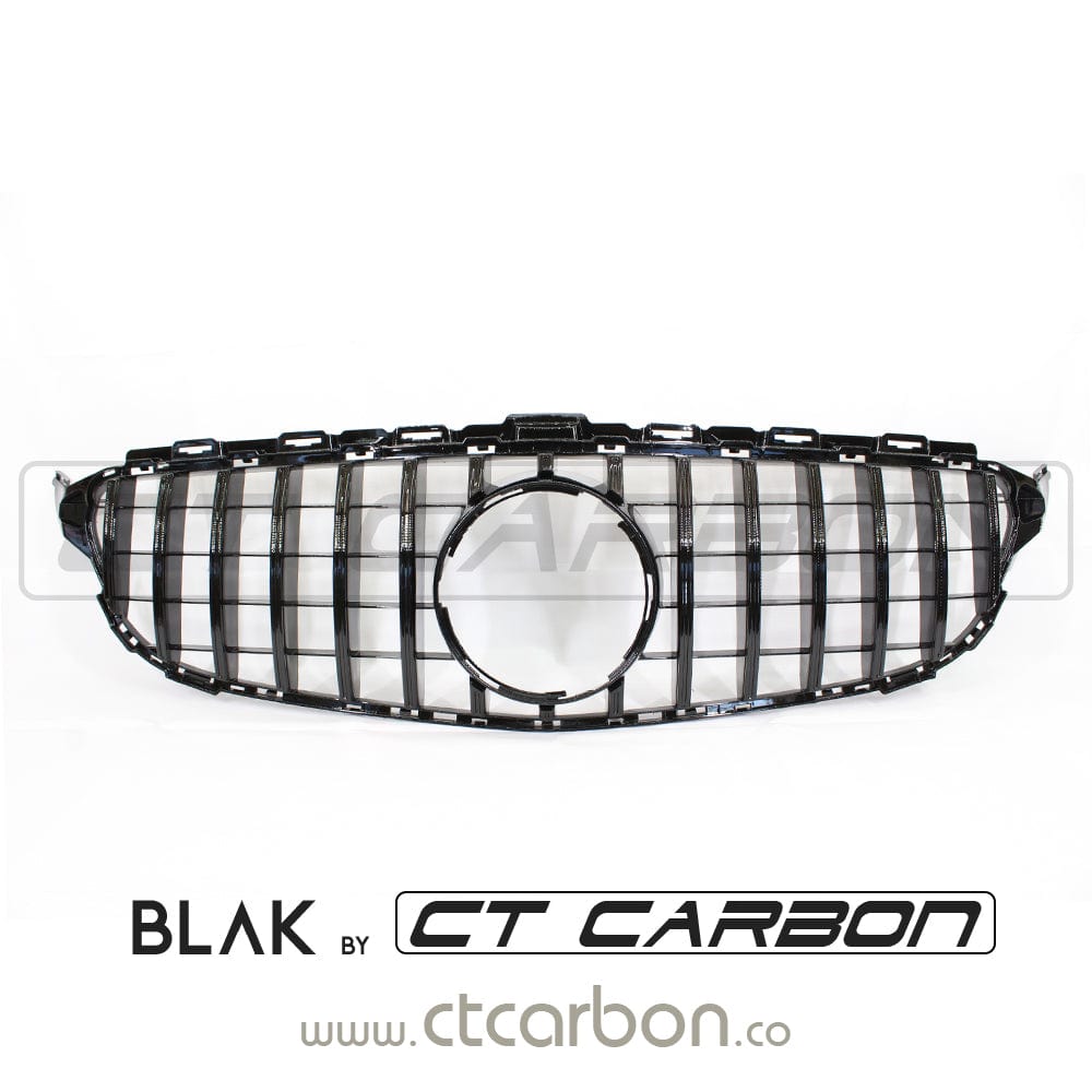 Mercedes W205 C-Class 2014-2018 black grille by CT Carbon, AMG GT Panamericana style, without camera, with sleek black finish.