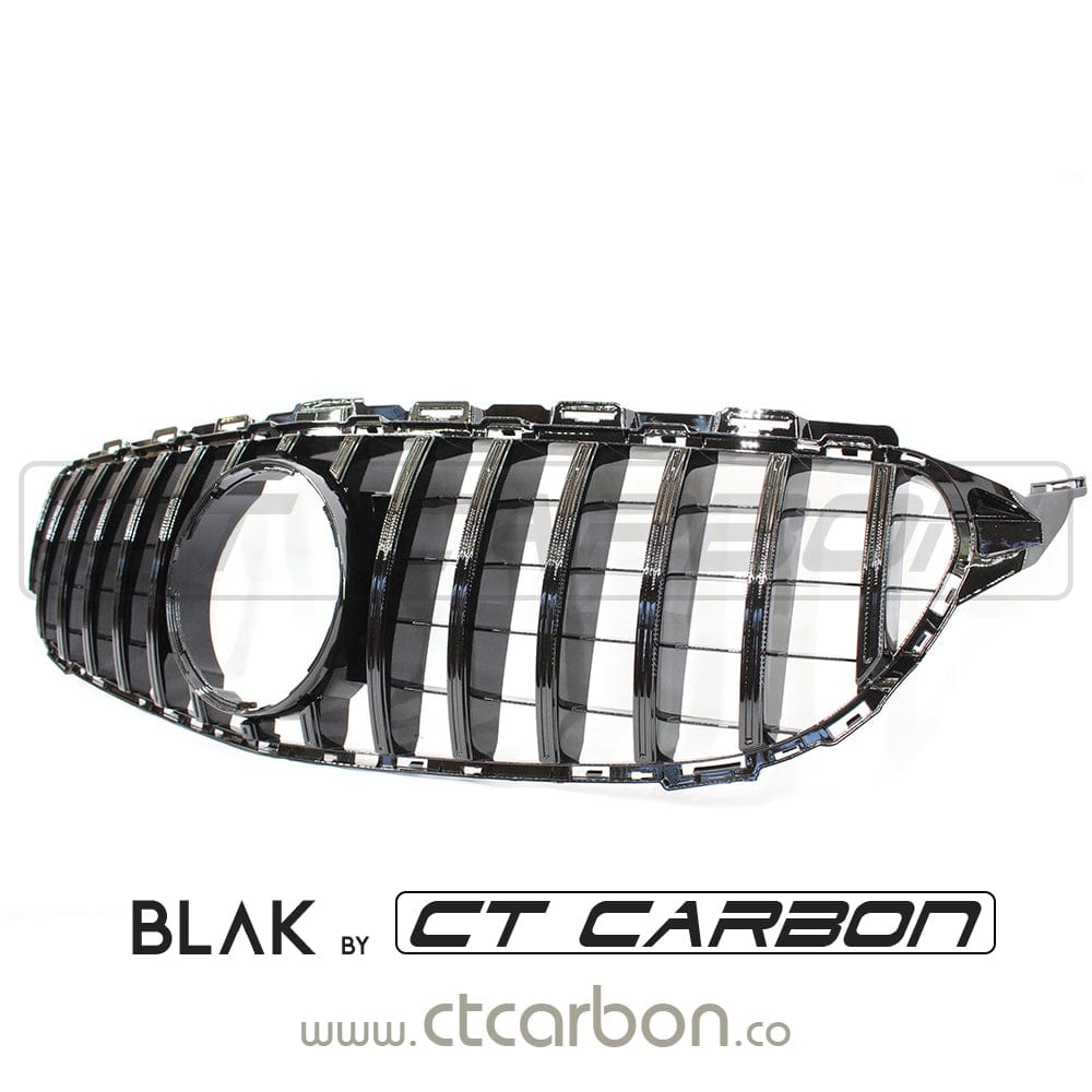 Black CT Carbon grille for Mercedes W205 C-Class 2014-2018, AMG GT Panamericana style, without camera, showcasing its sleek design.