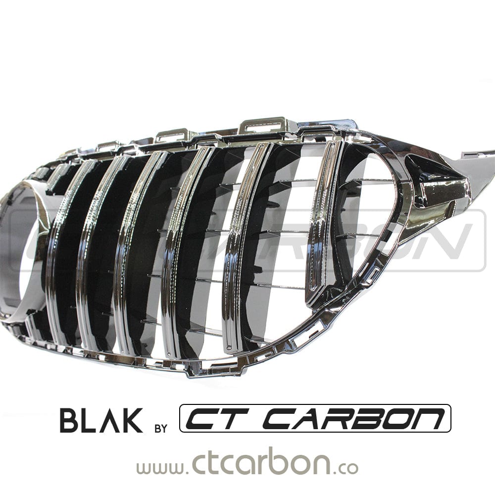 Black CT Carbon grille for Mercedes W205 C-Class 2014-2018 without camera, featuring AMG GT Panamericana style design.