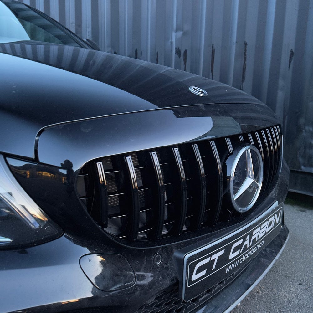 Mercedes W205 C-Class 2019+ AMG black grille by CT Carbon, without camera, in close-up view highlighting the AMG style grille design.