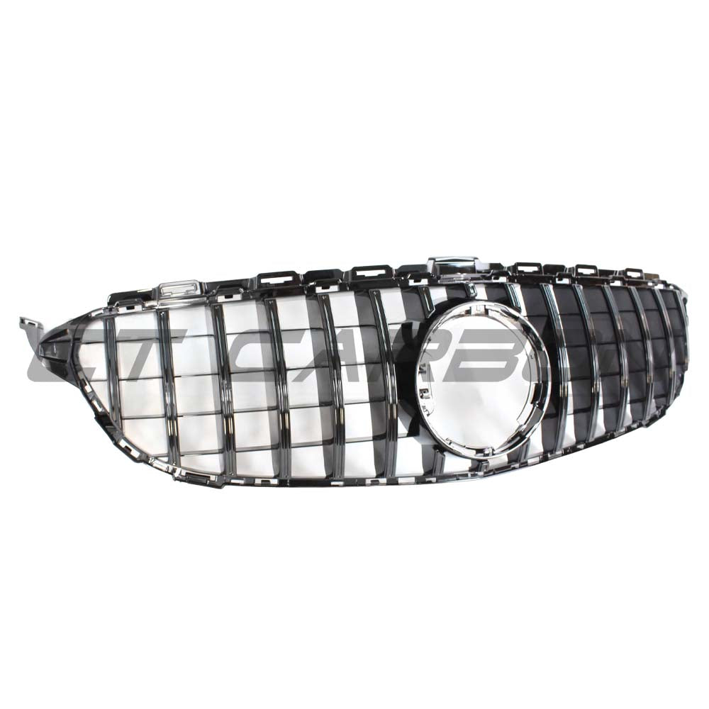 Black grille for Mercedes W205 C-Class 2019+ with camera by CT Carbon, featuring a sleek design and AMG-style Panamericana look.