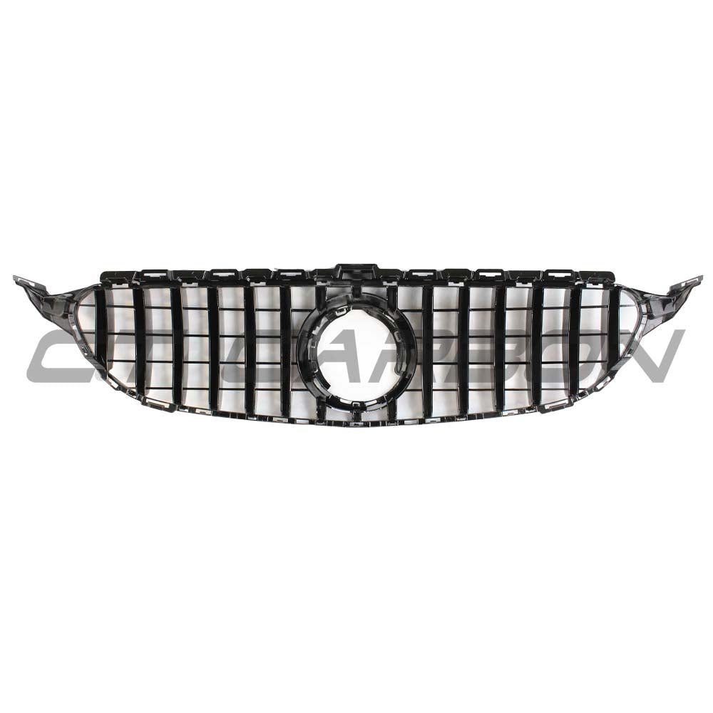 Mercedes W205 C-Class 2019+ black grille by CT Carbon with integrated camera, AMG GT Panamericana style, for stylish front-end upgrade.