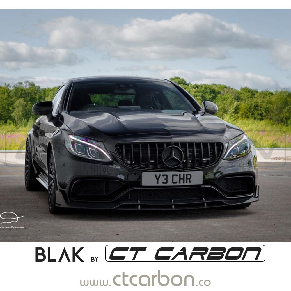 Black CT Carbon grille for Mercedes W205 C63 AMG 2014-2018 and AMG GT, Panamericana style, without camera, sleek and aggressive look.