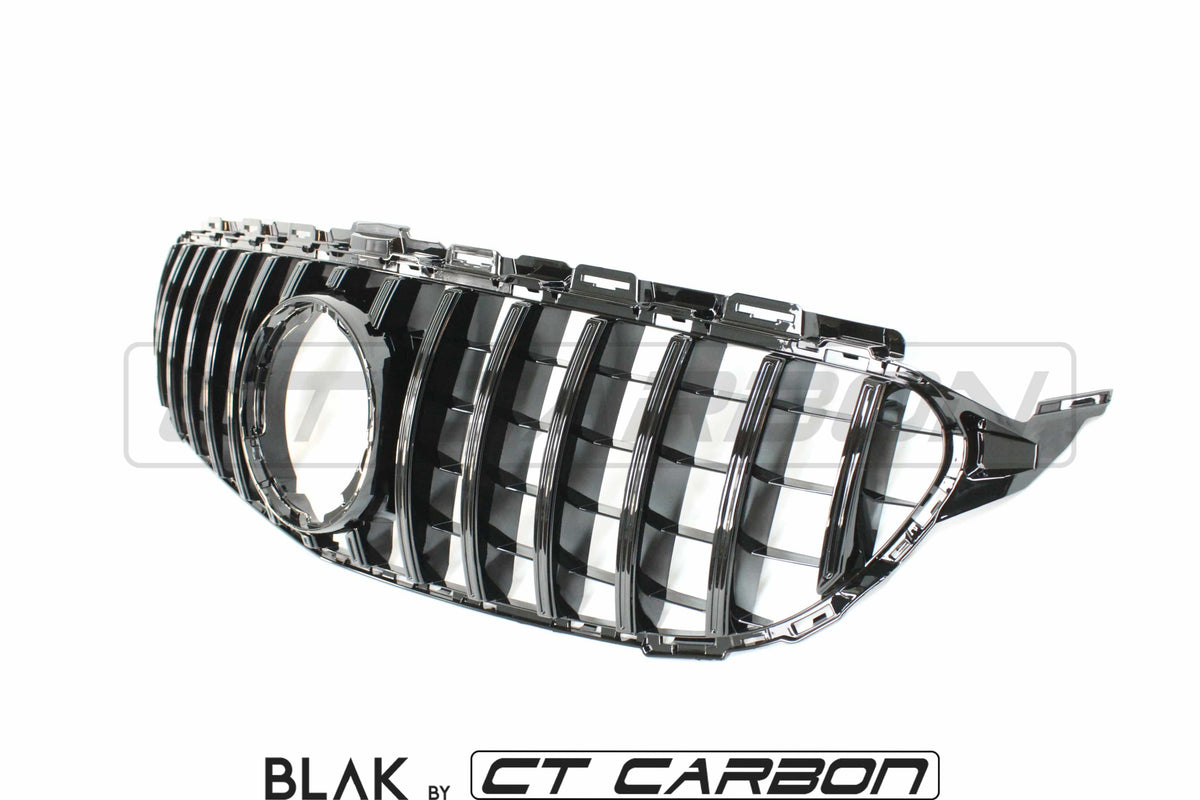 Black CT Carbon grille for Mercedes W205 C63 AMG 2014-2018 and AMG GT, Panamericana style without camera cutout.