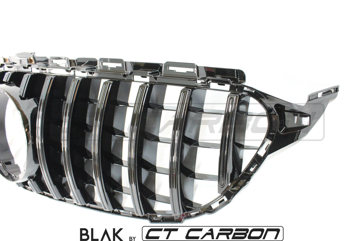 Black CT Carbon grille for Mercedes W205 C63 AMG 2014-2018 and AMG GT, Panamericana style, without camera opening.