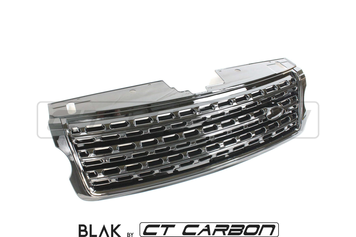 Black CT Carbon splitter kit for Range Rover Vogue L405 Full Black Edition, 2013-2017, installed on the front bumper.