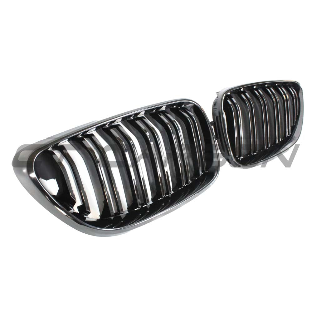 Black double slat grille for BMW M2 F87 and F22 2 Series by CT Carbon, showcasing sleek, high-quality automotive design.