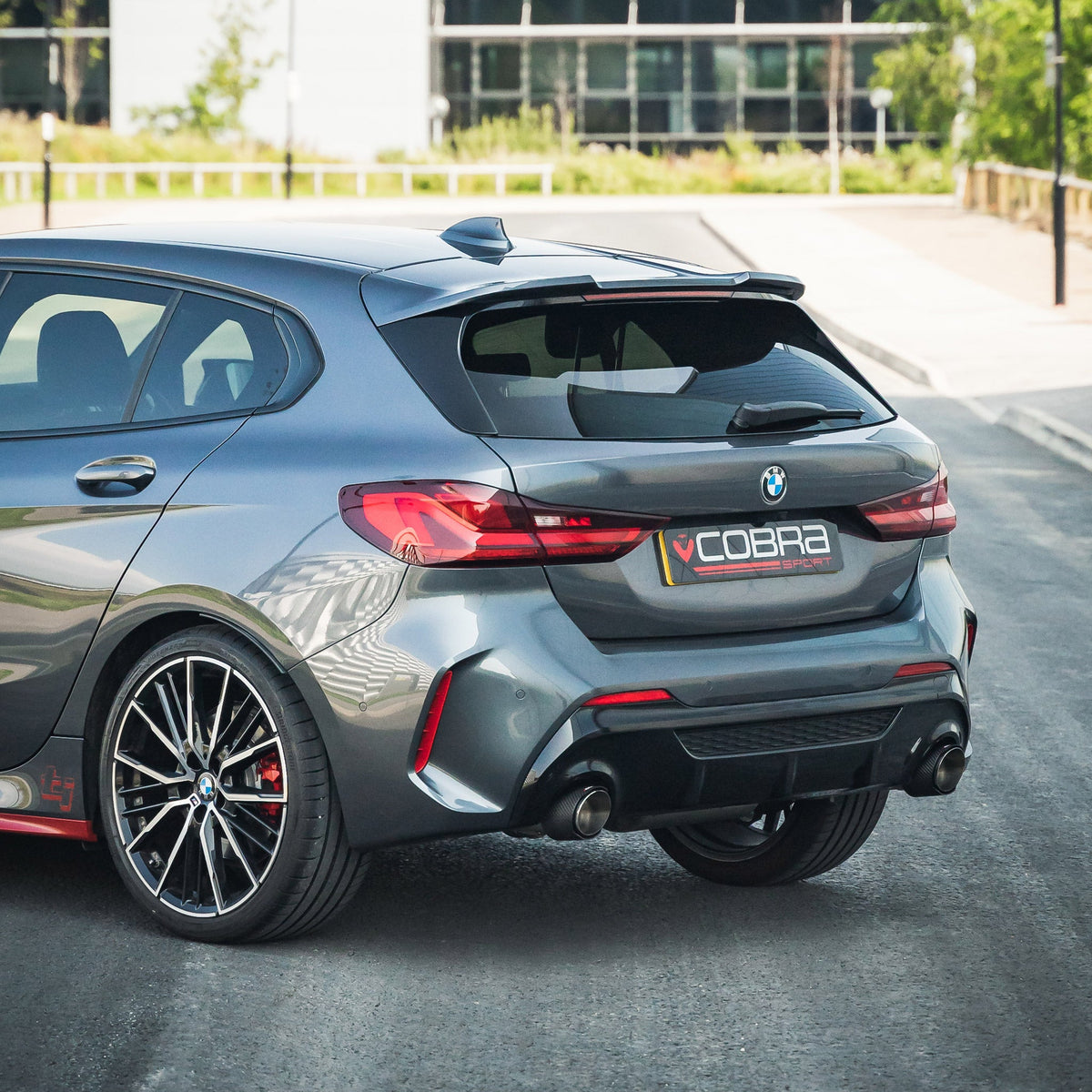 BMW 128ti Cobra Sport GPF/PPF back performance exhaust system with polished metal finish and dual exhaust tips.