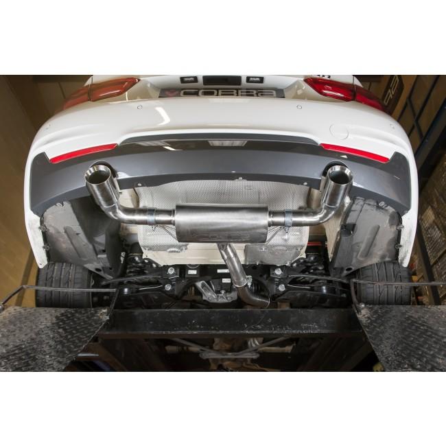 Cobra Sport BMW 420d F36 LCI dual exit exhaust conversion with 440i style twin exhaust tips on a black BMW 420d grille