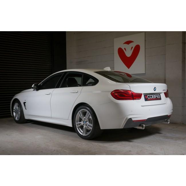 Cobra Sport BMW 420D F36 LCI dual exit exhaust conversion with 440i style twin tips on a dark gray BMW F36 coupe.