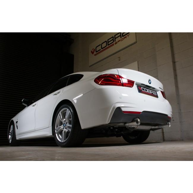Cobra Sport dual exit exhaust conversion for BMW 420D F36 LCI, resembling 440i style, shown on a gray BMW F36 coupe.