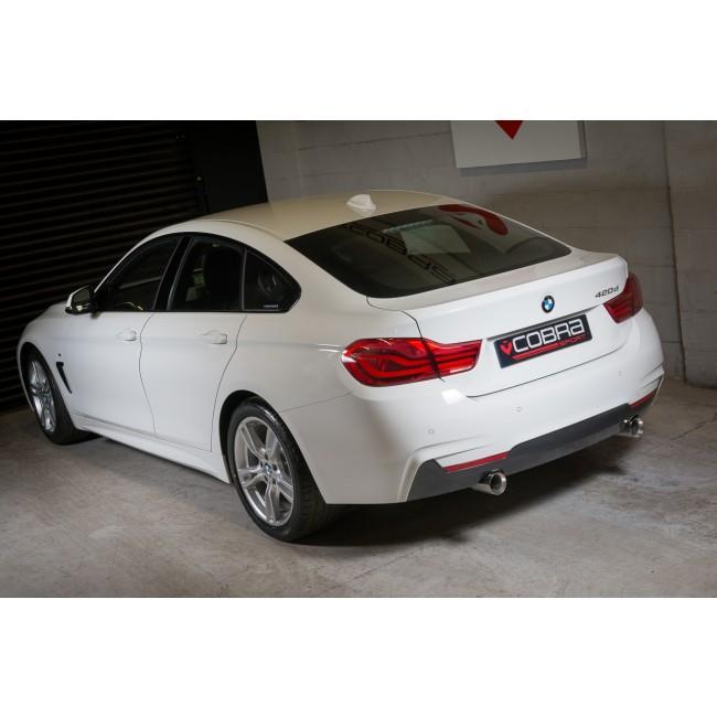 Cobra Sport dual exit exhaust conversion for BMW 420d F36 LCI, resembling 440i style, fitted on a BMW F36 Gran Coupe.