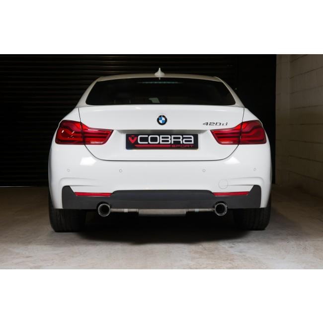 Cobra Sport BMW 420D F36 dual exit exhaust conversion with 440i style twin tips on a gray BMW F36 LCI coupe.