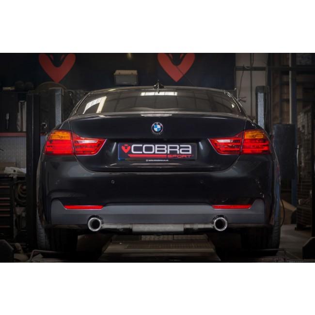 Cobra Sport BMW 430D exhaust conversion with dual exit design for F32, F33, F36 models, 2013-2020, showcasing polished exhaust tips.
