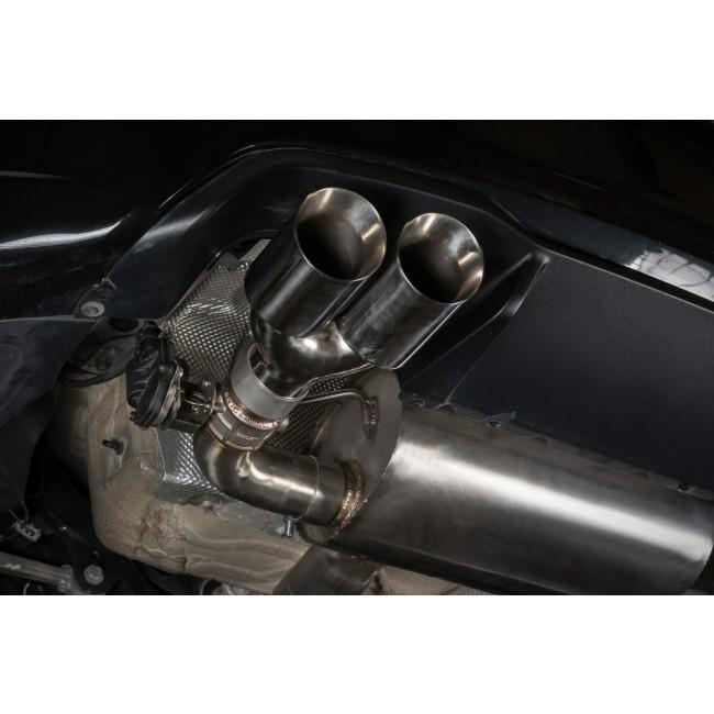 Cobra Sport BMW M2 F87 Coupe 3-inch valved cat back performance exhaust system showing polished exhaust tips and piping.