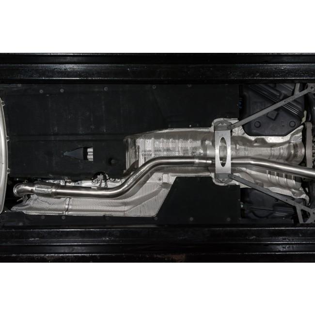 Cobra Sport BMW M2 F87 coupe 3-inch valved cat back performance exhaust system on a black sports car.